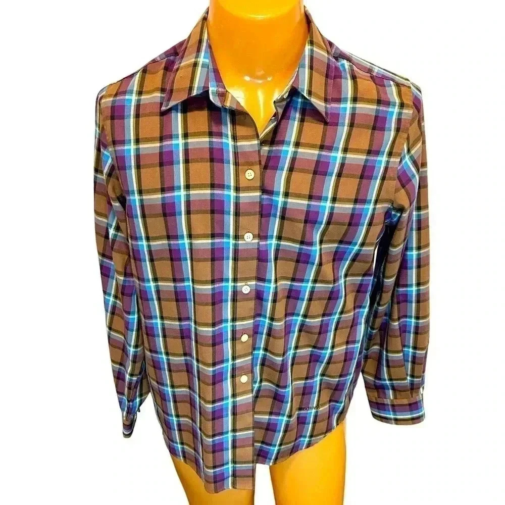 ORVIS Plaid Button Down Wrinkle Free Shirt Blue Brown Sz 14 Measurement in pics